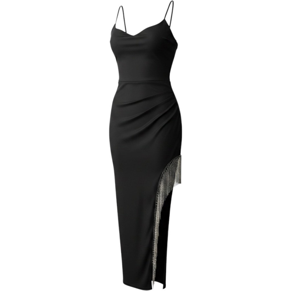 City Vibe Women Maxi Dress 1 Black Rhinestone Fringe Glam 7711-FX4C Formal Party